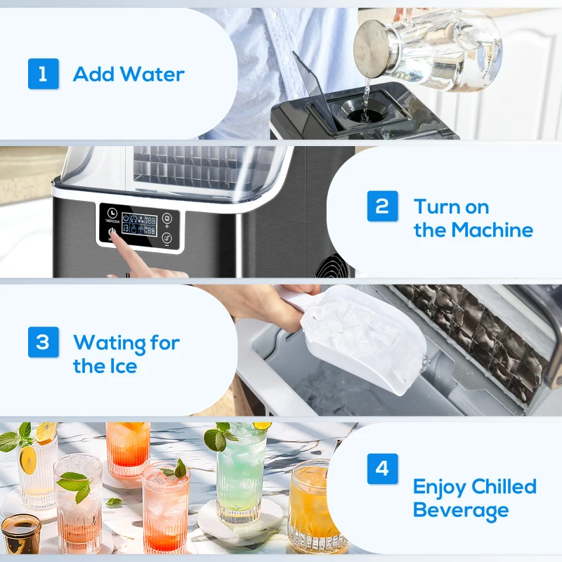 HOMCOM Mașină de Gheață cu 24 de Cuburi de Dimensiune Reglabilă, Rezervor și Sistem de Autocurățare, 25.2x36x37.1 cm, Negru