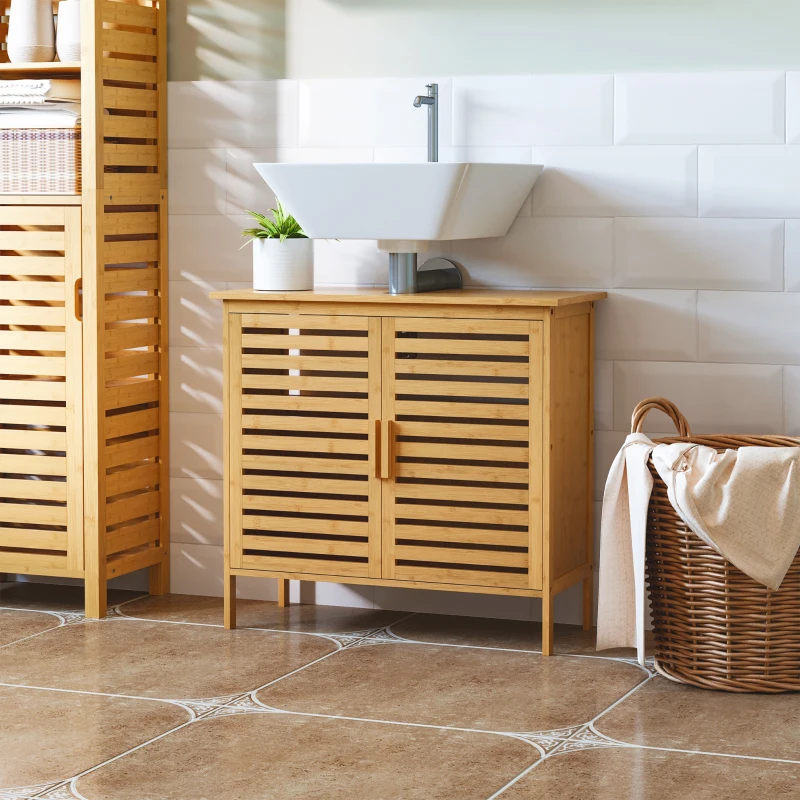 kleankin Móvel para Lavatório Pousar de Bambu com 2 Portas Armário Casa de Banho de Chão 66x29x61,5cm Madeira