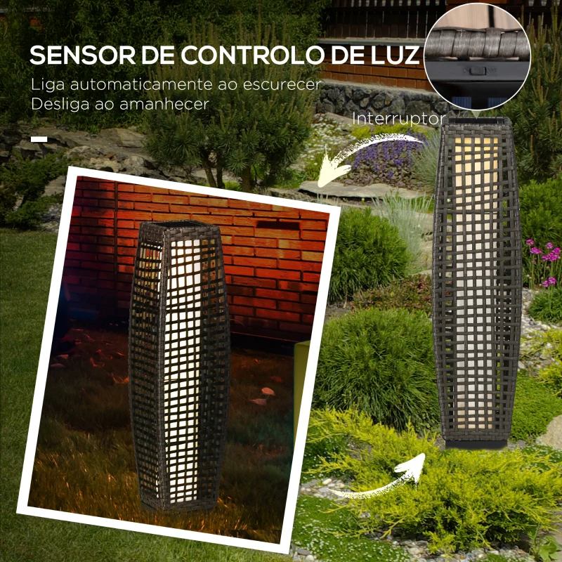 Outsunny Candeeiro Solar de Vime Sintético com Luzes LED Ligar/Desligar Automático para Varanda Pátio 21x21x78cm Cinza