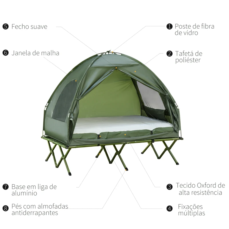 Outsunny Cama Dupla de Campismo Dobrável com Tenda 2 em 1 Cama de Campismo Elevada com Colchão Inflável e Bolsa de Transporte Tecido Oxford Aço 193x145x180cm Verde