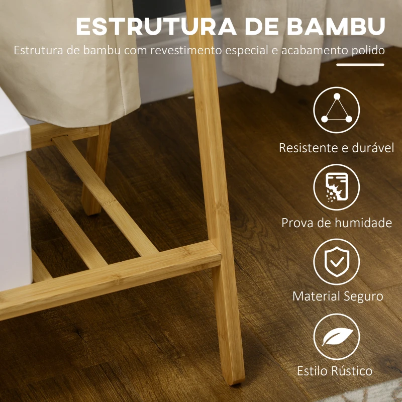 HOMCOM Suporte para Cabides de Bambu com Prateleira para Sapatos 2 Barras e 2 Ganchos 74x42x150 cm Madeira