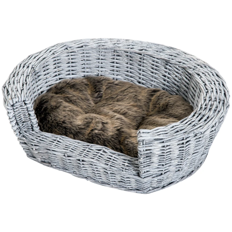 PawHut Cama para Cães de Vime Cama de Vime para Gatos Cães com Almofada Lavável 57x46x17,5cm Cinza