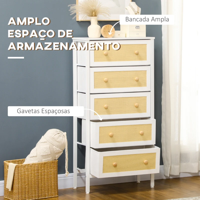 HOMCOM Cómoda Estilo Bohemio com 5 Gavetas de Tecido Dobráveis Superfície de Vime PE e Estrutura de Aço 62x30x126,5 cm Branco