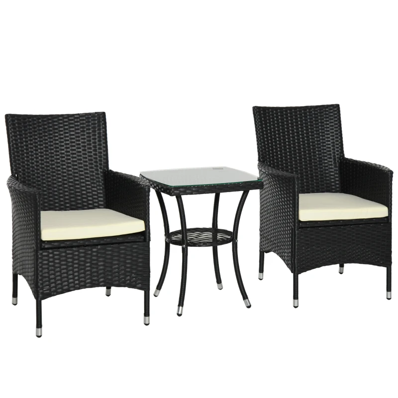 Outsunny Conjunto de móveis de vime ao ar livre 1 mesa 2 Cadeiras Estrutura Metálica Preta