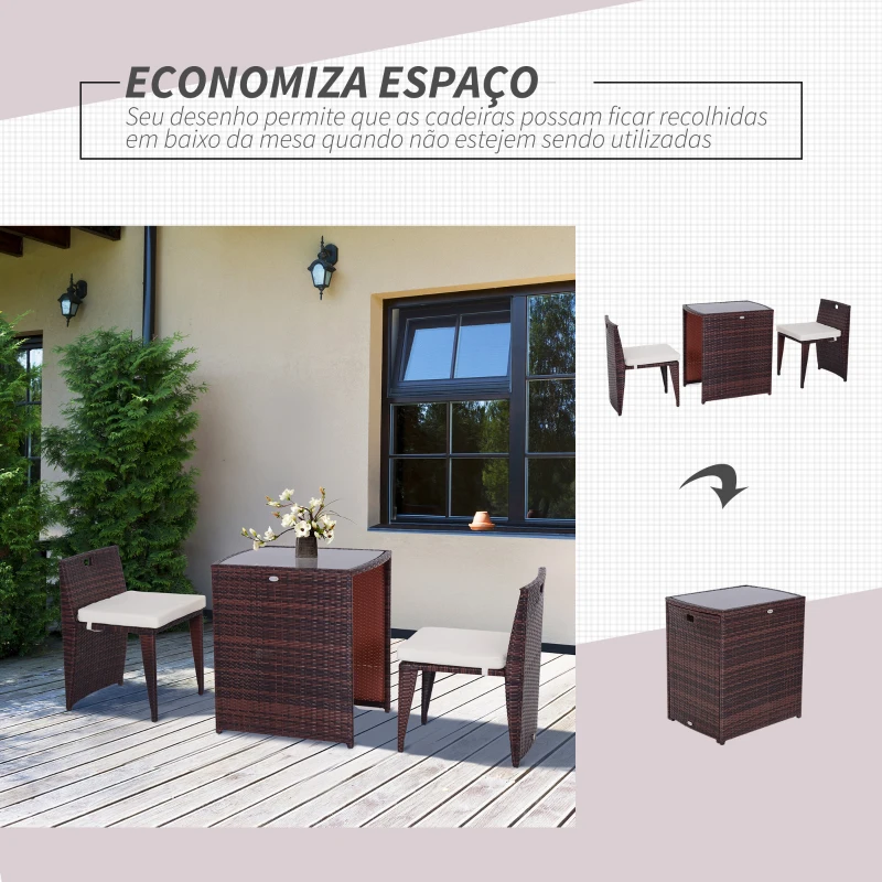 Outsunny Conjunto de mobiliário de exterior 1 Mesa e 2 Cadeiras cor Castanho