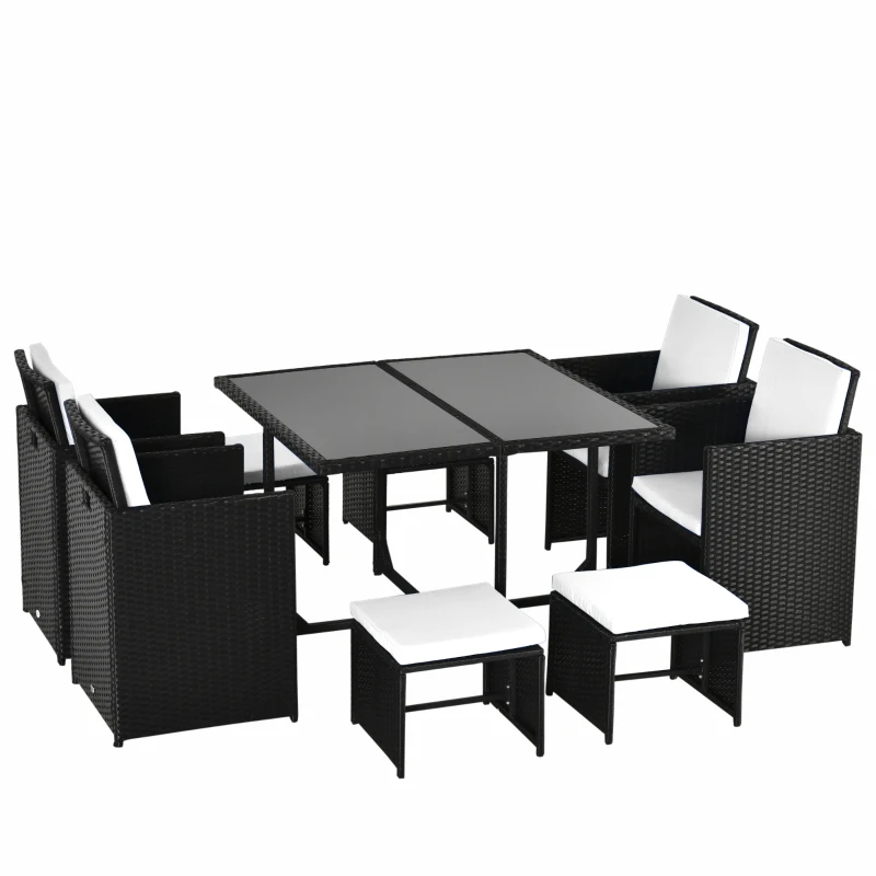 Outsunny Conjunto de Móveis de Vime PE para Jardim Conjunto de 9 peças Mesa Cadeiras e Bancos com Almofadas para Exterior Preto