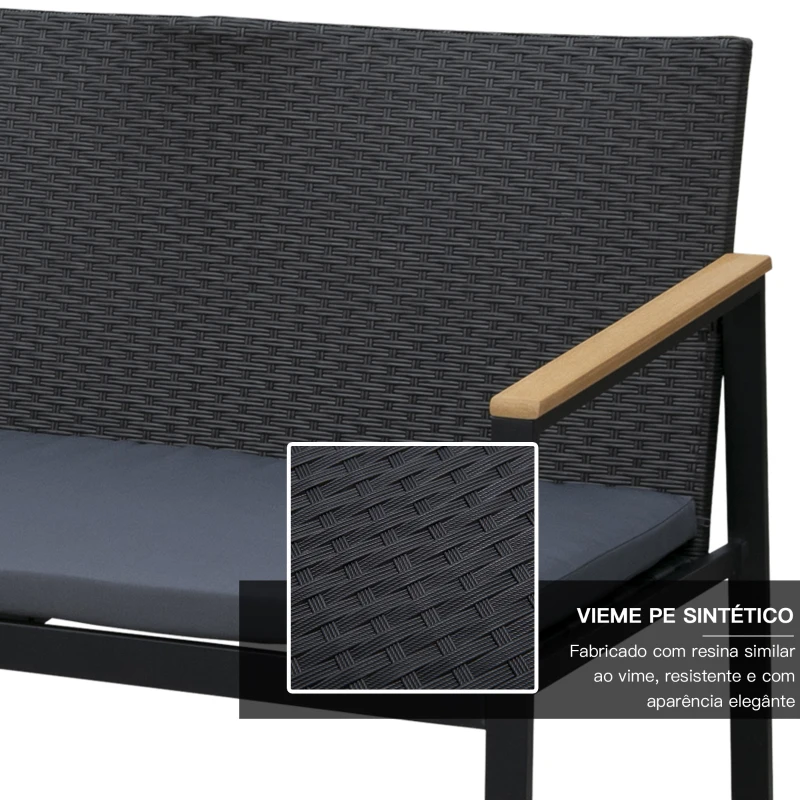 Outsunny Conjunto de Móveis de Vime e 4 Peças com Almofadas Acolchoadas 2 Poltronas 1 Sofá Duplo e Mesa de Centro Preto