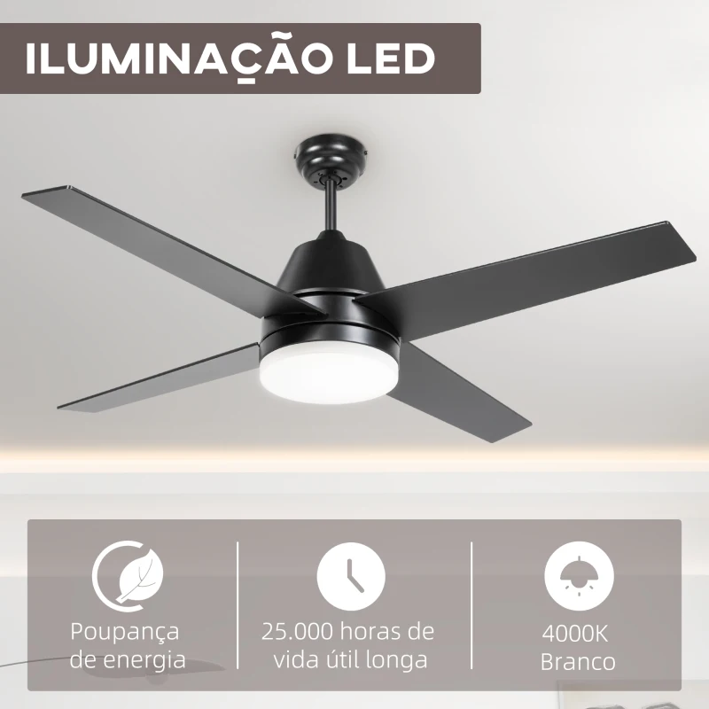 HOMCOM Ventoinha de Teto com Luz 46W Ø129 cm com 4 Lâminas Reversíveis Controlo Remoto 6 Velocidades e Temporizador Preto