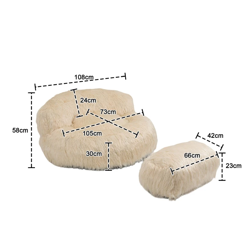 Fauteuil Fluffy confortable avec pouf, revêtement en fourrure synthétique, moderne pour salon, chambre à Coucher, Beige