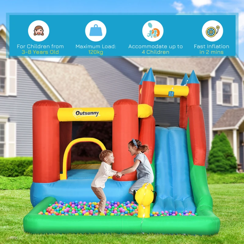 Outsunny Kids Inflatable Bouncy Castle Water Slide 6 in 1 Bounce House Jumping Castle Water Pool Gun Climbing Wall Basketball Hoop with Air Blower for Summer Playland