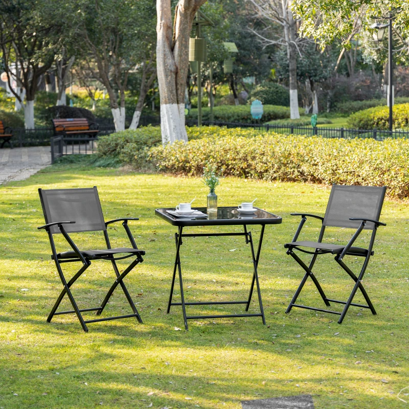 Outsunny Sitzgruppe für 2 Personen klappbar Balkonset 1 Tisch+2 Stühle Gartenmöbel Set Metall Mesh Schwarz+Grau