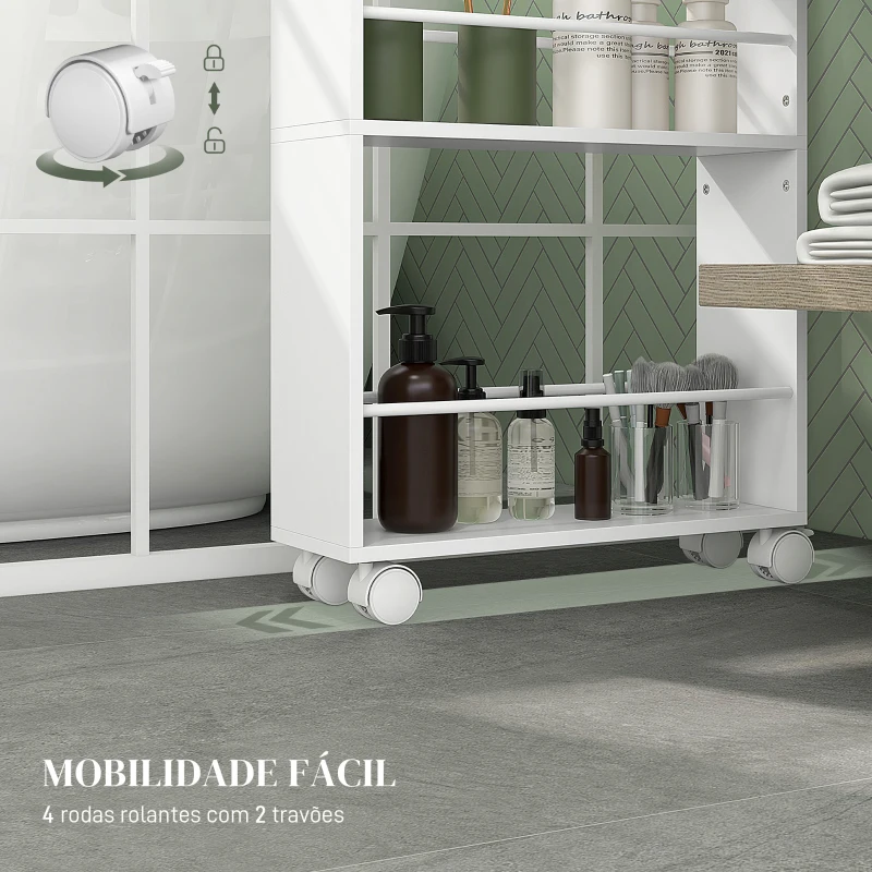 HOMCOM Estante de Casa de Banho com Rodas Carrinho Auxiliar de 3 Níveis com Barras Laterais e Alças 45x15x80 cm Branco