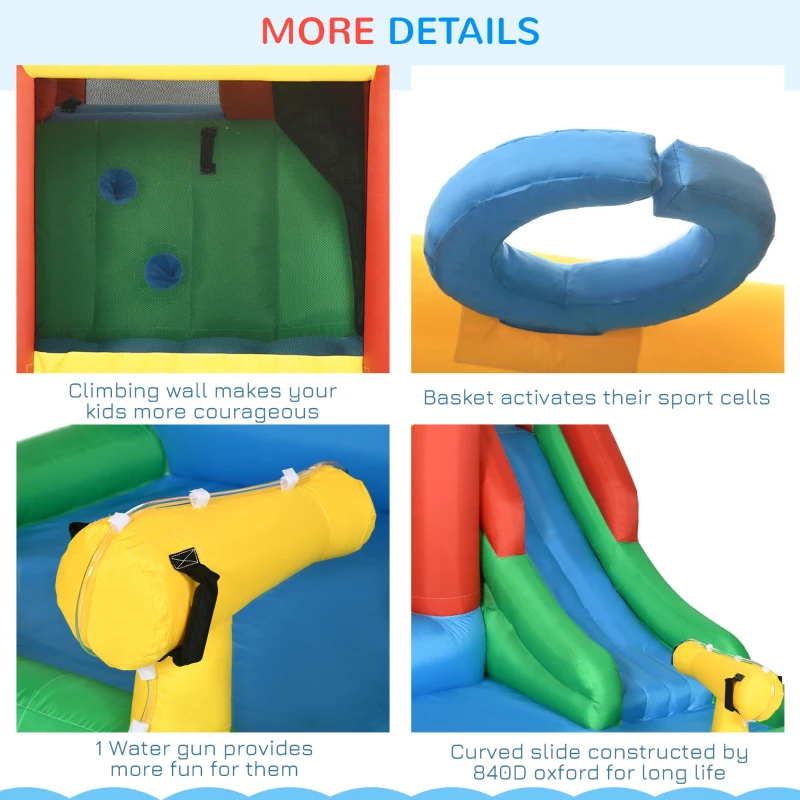 Outsunny Kids Inflatable Bouncy Castle Water Slide 6 in 1 Bounce House Jumping Castle Water Pool Gun Climbing Wall Basketball Hoop with Air Blower for Summer Playland