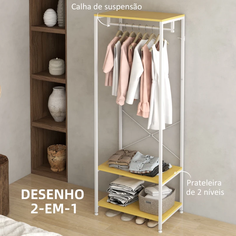 HOMCOM Suporte para Cabide com Barra Suspensa e 2 Estantes para 6 Pares de Sapatos para Entrada 60x40x167,5 cm Natural e Branco