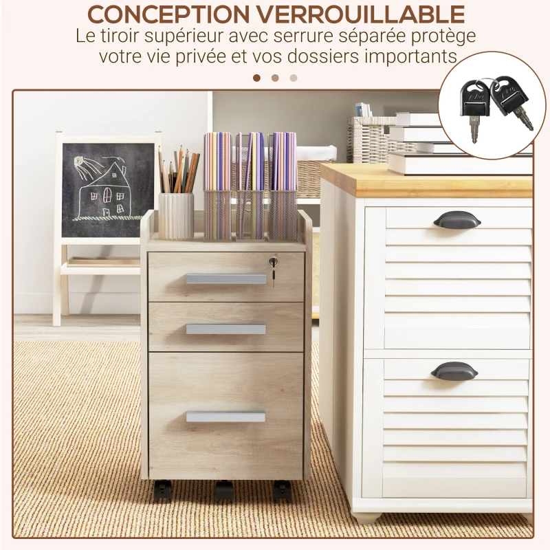 HOMCOM Caisson de bureau rangement bureau sur roulettes 3 tiroirs 1 verrouillable 1 trieur dossiers en bois beige