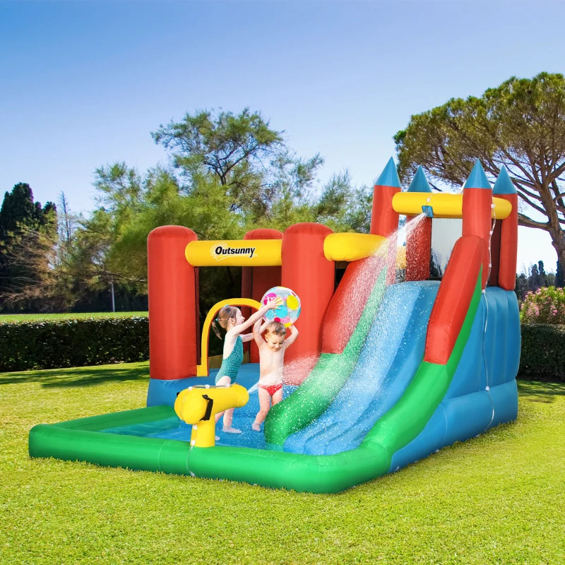 Outsunny Kids Inflatable Bouncy Castle Water Slide 6 in 1 Bounce House Jumping Castle Water Pool Gun Climbing Wall Basketball Hoop with Air Blower for Summer Playland