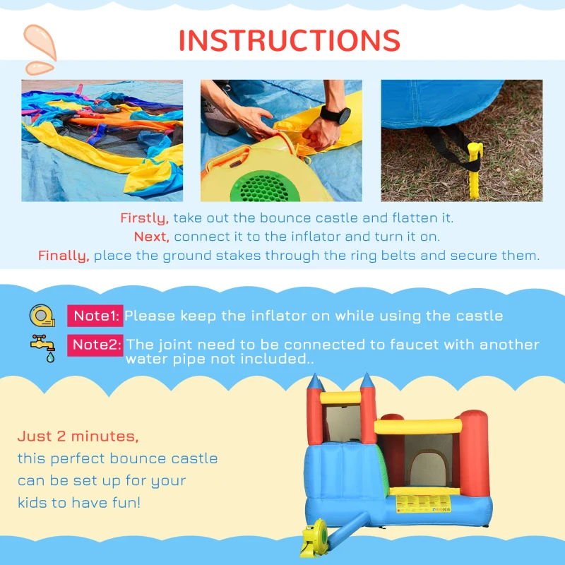 Outsunny Kids Inflatable Bouncy Castle Water Slide 6 in 1 Bounce House Jumping Castle Water Pool Gun Climbing Wall Basketball Hoop with Air Blower for Summer Playland