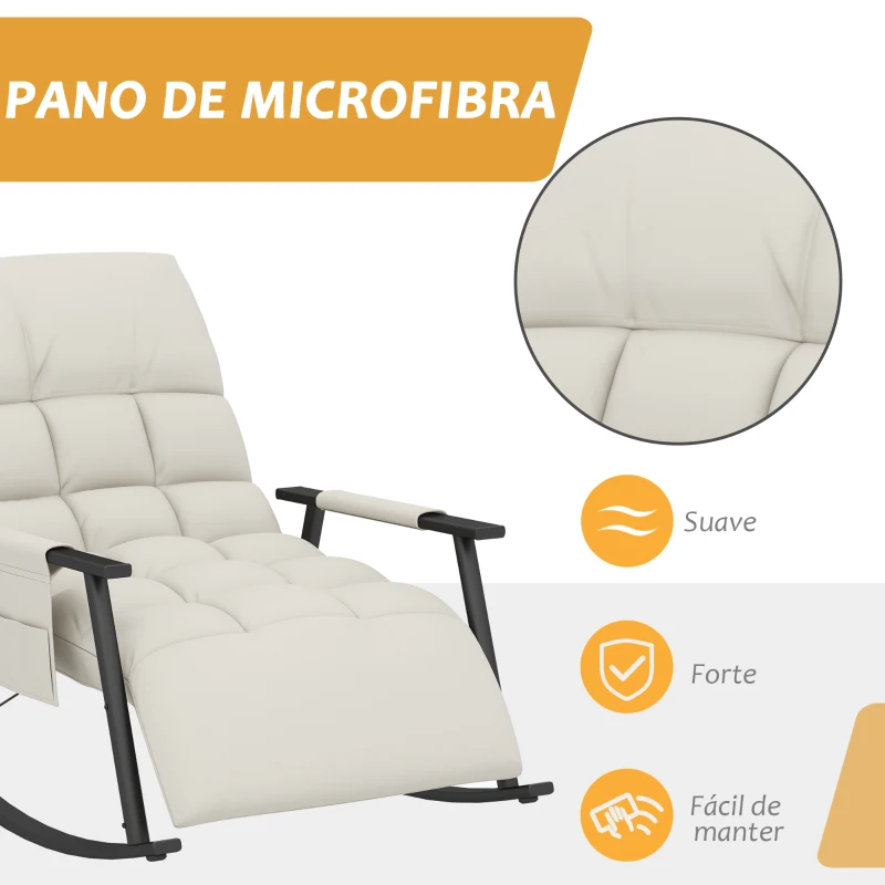 HOMCOM Poltrona Baloiço com Encosto e Apoio para Os Pés Ajustáveis e Estofada em Microfibra com Bolso para Sala 60x134x70 cm Creme