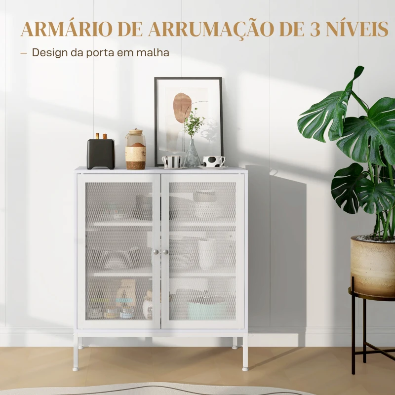 HOMCOM Aparador de 3 Níveis com Portas de Malha e Prateleira Ajustável Aparador de Cozinha Moderno para Sala 80x37x92 cm Branco