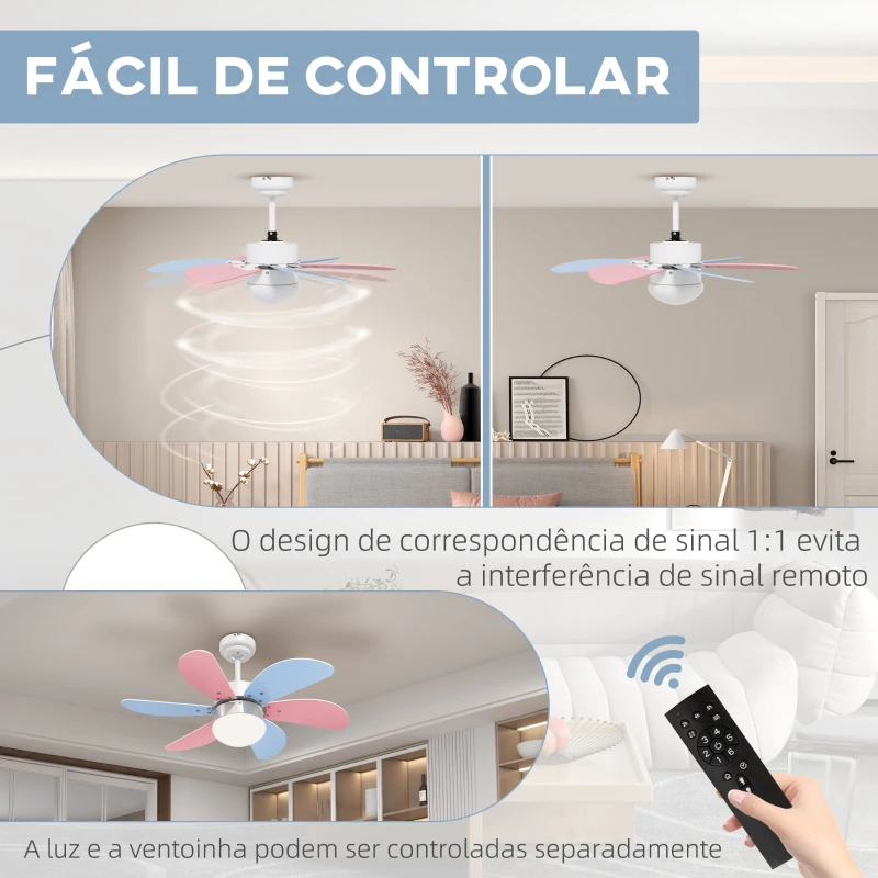 HOMCOM Ventoinha de Teto com Luz 34W Ø82,5 cm com 6 Lâminas Reversíveis Controlo Remoto 6 Velocidades e Temporizador Multicolor