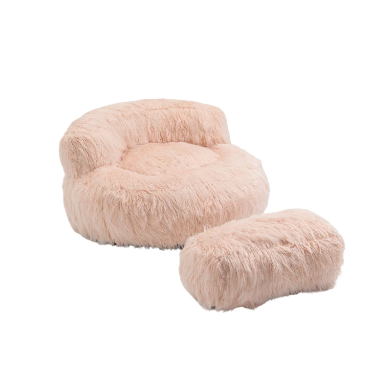 Poltrona Sacco Fluffy Confortevole con Pouf, Sedia Moderna in Pelliccia Sintetica per Soggiorno, Camera da Letto e Studio, Rosa