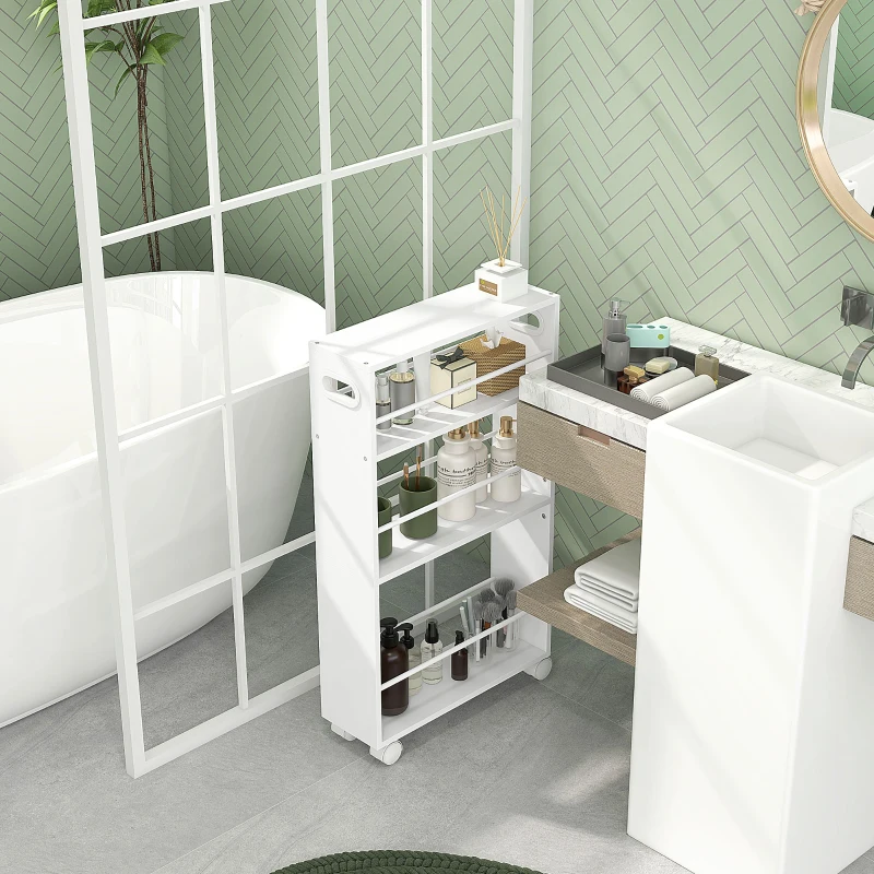HOMCOM Estante de Casa de Banho com Rodas Carrinho Auxiliar de 3 Níveis com Barras Laterais e Alças 45x15x80 cm Branco