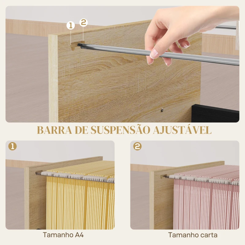 HOMCOM Bloco de Gavetas de Escritório Móvel de Arquivos com 4 Rodas 3 Gavetas para Tamanho A4 Carta 40x42x65 cm Carvalho e Preto