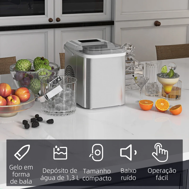 HOMCOM Máquina de Fazer Gelo Silenciosa com Produção de 12 kg em 24 Horas 9 Cubos de Gelo em 6-13 Minutos 22,8x30,3x29 cm Branco
