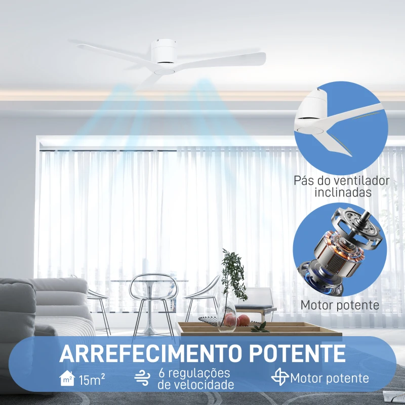 HOMCOM Ventoinha de Teto Silencioso 29W com Controlo Remoto Ø129 cm com 3 Lâminas Reversíveis 6 Velocidades e Temporizador