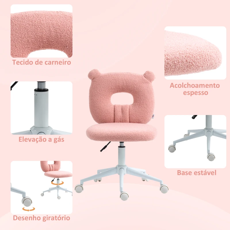 HOMCOM Cadeira de Secretária de Carneirinho Cadeira Infantil Giratória com Encosto em Forma de Urso 50x56x80-90 cm Rosa