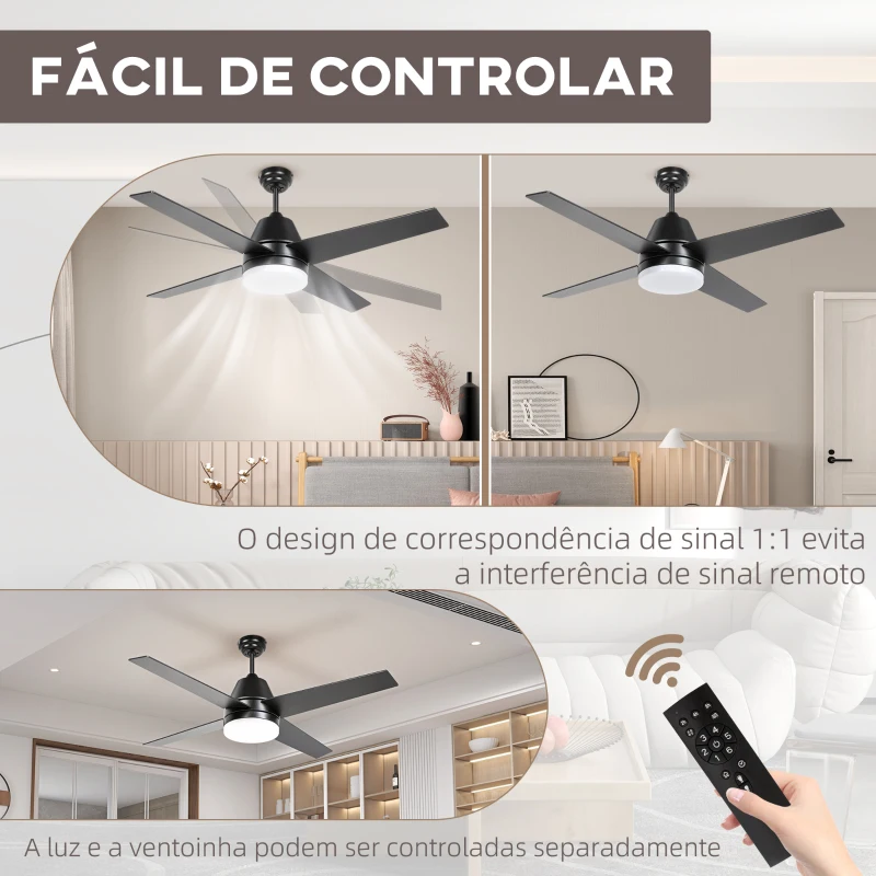 HOMCOM Ventoinha de Teto com Luz 46W Ø129 cm com 4 Lâminas Reversíveis Controlo Remoto 6 Velocidades e Temporizador Preto