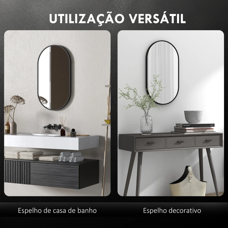 HOMCOM Espelho Casa de Banho Ovalado 40x70 cm Espelho Decorativo de Parede com Estrutura de Alumínio para Sala Corredor Preto
