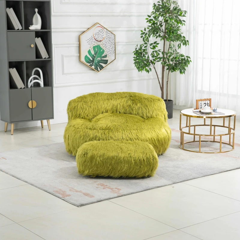 Fauteuil Fluffy confortable avec pouf, revêtement en fourrure synthétique, moderne pour salon, chambre à Coucher, Vert