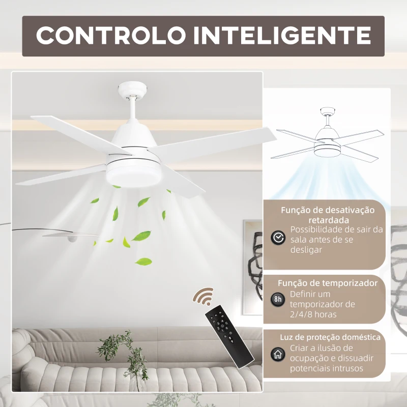 HOMCOM Ventoinha de Teto com Luz 46W Ø129 cm com 4 Lâminas Reversíveis Controlo Remoto 6 Velocidades e Temporizador Branco