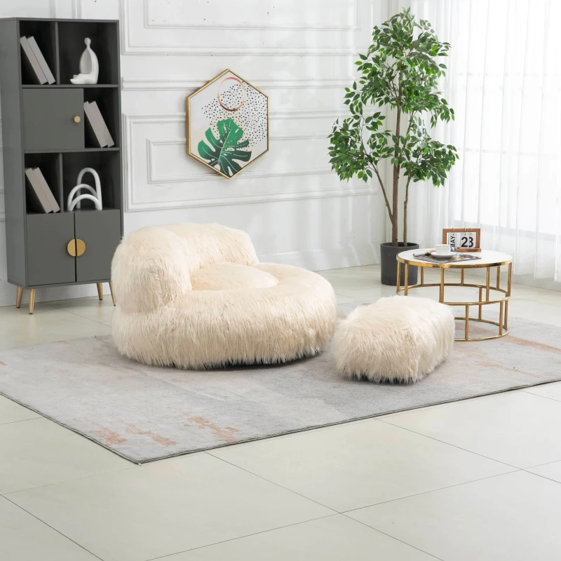 Fauteuil Fluffy confortable avec pouf, revêtement en fourrure synthétique, moderne pour salon, chambre à Coucher, Beige