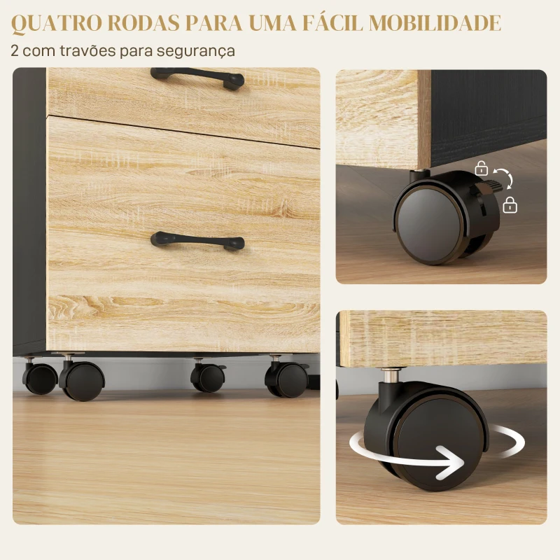 HOMCOM Bloco de Gavetas de Escritório Móvel de Arquivos com 4 Rodas 3 Gavetas para Tamanho A4 Carta 40x42x65 cm Carvalho e Preto