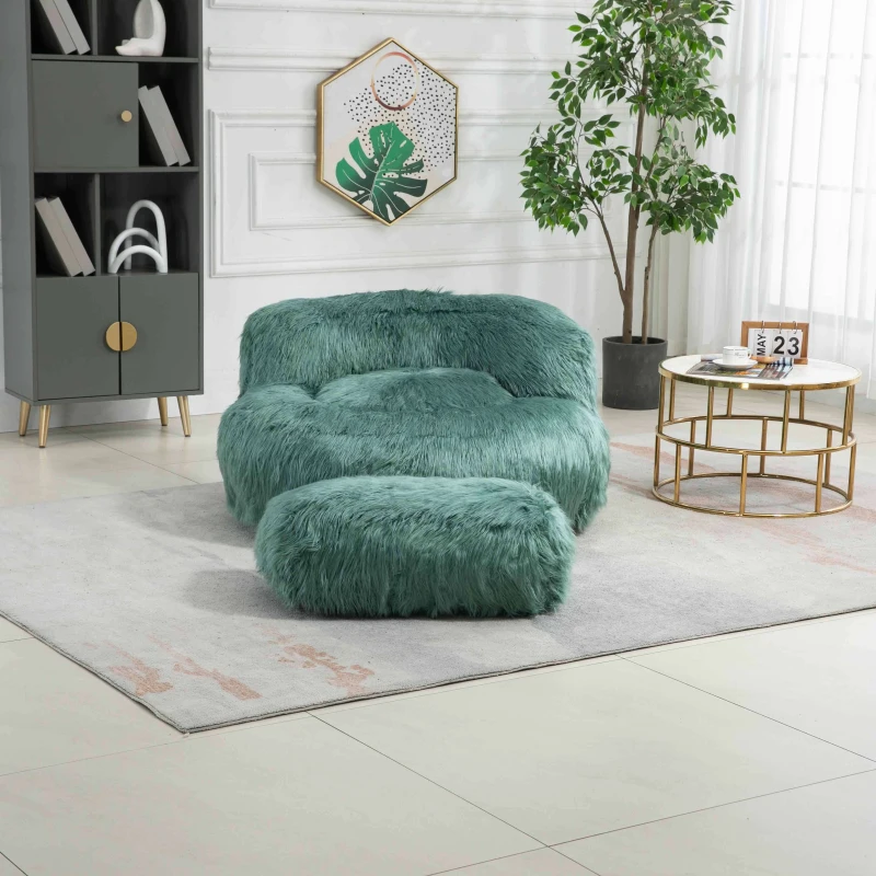 Fauteuil Fluffy confortable avec pouf, revêtement en fourrure synthétique, moderne pour salon, chambre à Coucher, Bleu