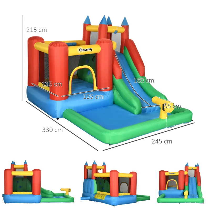 Outsunny Kids Inflatable Bouncy Castle Water Slide 6 in 1 Bounce House Jumping Castle Water Pool Gun Climbing Wall Basketball Hoop with Air Blower for Summer Playland