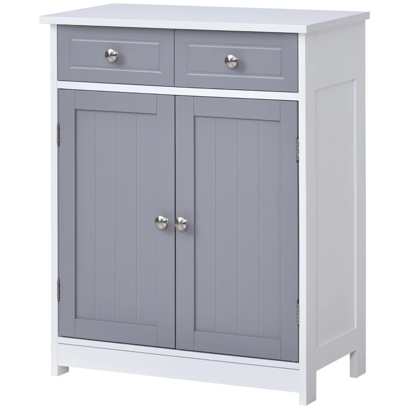 kleankin 75x60cm Freestanding Bathroom Storage Cabinet Unit w/ 2 Drawers Cupboard Adjustable Shelf Metal Handles Traditional Style Grey White