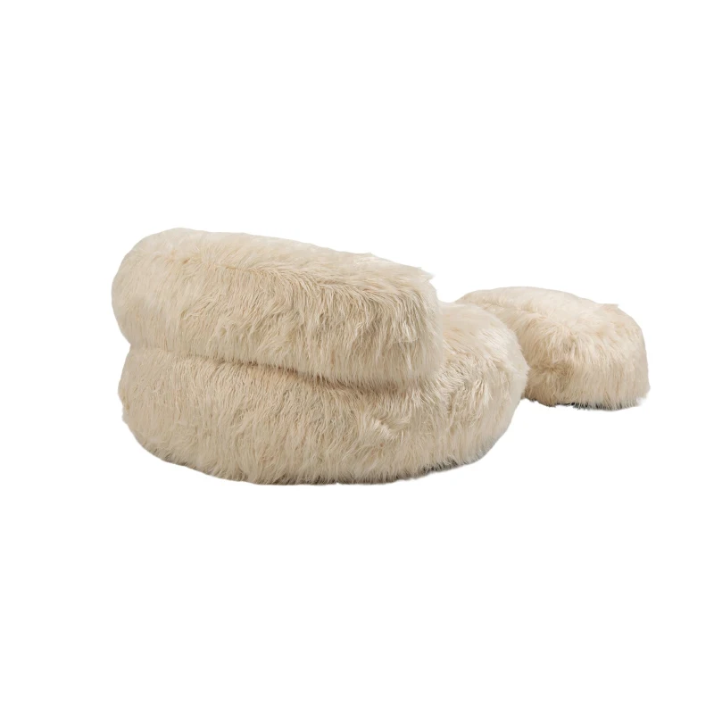 Fauteuil Fluffy confortable avec pouf, revêtement en fourrure synthétique, moderne pour salon, chambre à Coucher, Beige