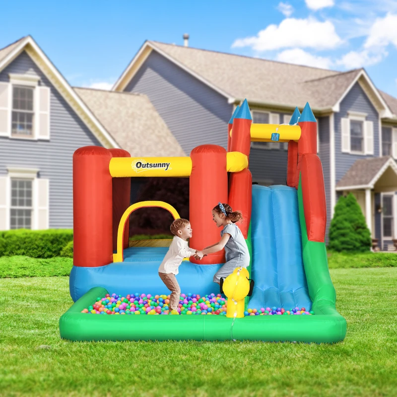 Outsunny Kids Inflatable Bouncy Castle Water Slide 6 in 1 Bounce House Jumping Castle Water Pool Gun Climbing Wall Basketball Hoop with Air Blower for Summer Playland