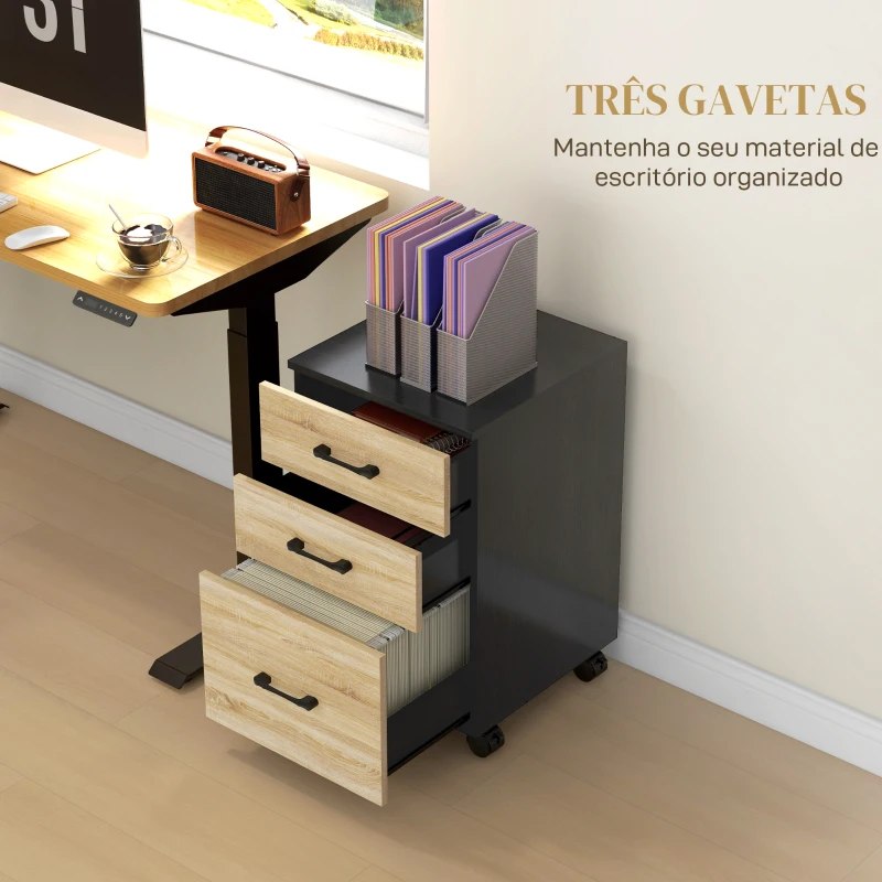 HOMCOM Bloco de Gavetas de Escritório Móvel de Arquivos com 4 Rodas 3 Gavetas para Tamanho A4 Carta 40x42x65 cm Carvalho e Preto