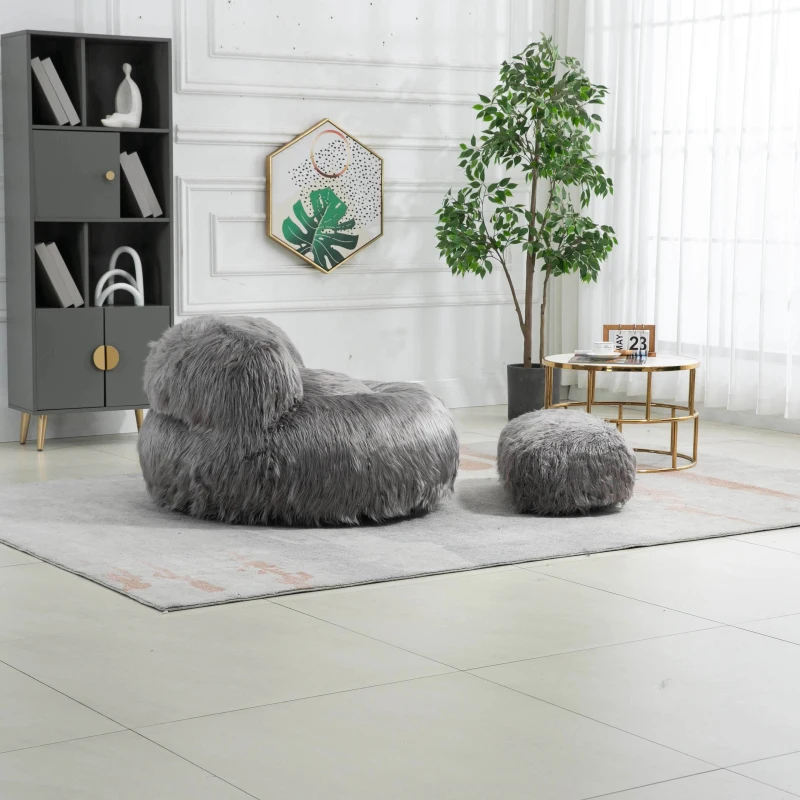 Poltrona Sacco Fluffy Confortevole con Pouf, Sedia Moderna in Pelliccia Sintetica per Soggiorno, Camera da Letto e Studio, Grigio
