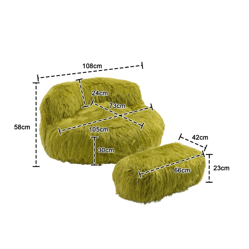 Fauteuil Fluffy confortable avec pouf, revêtement en fourrure synthétique, moderne pour salon, chambre à Coucher, Vert