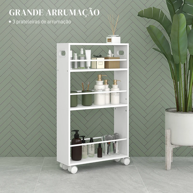 HOMCOM Estante de Casa de Banho com Rodas Carrinho Auxiliar de 3 Níveis com Barras Laterais e Alças 45x15x80 cm Branco