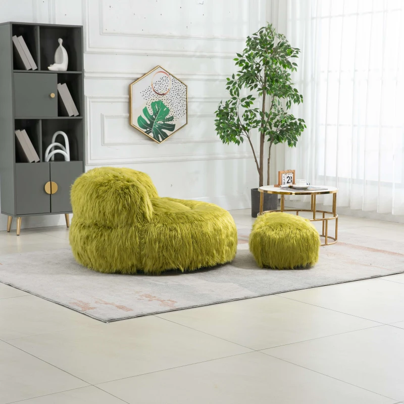 Fauteuil Fluffy confortable avec pouf, revêtement en fourrure synthétique, moderne pour salon, chambre à Coucher, Vert
