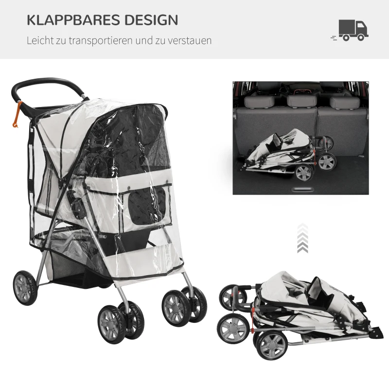 PawHut Hundebuggy Hundewagen bis 10 kg Klappbar Regenschutz Bodenkorb 2 Becherhalter 75 cm x 45 cm x 97 cm Grau
