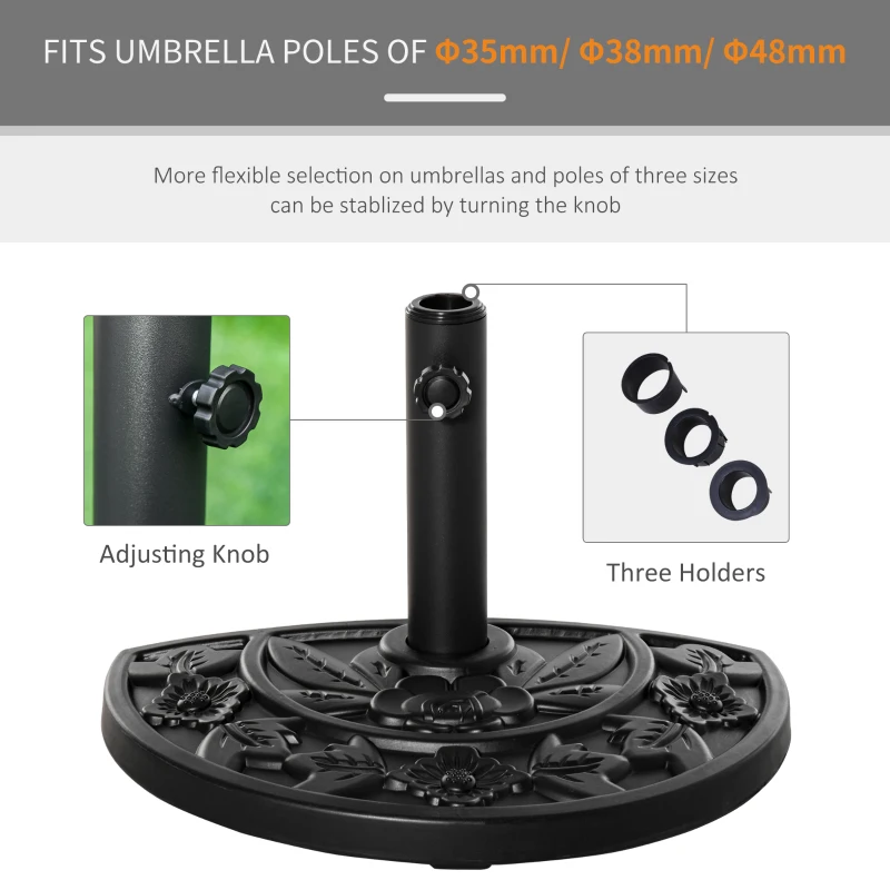 Outsunny 9kg Cement Concrete Half Round Parasol Base, Umbrella Stand for Garden Outdoor Accessories - Adjustable Coupler for Suitable Umbrella Rod Sizes: Φ3.5cm, Φ3.8cm, Φ4.8cm