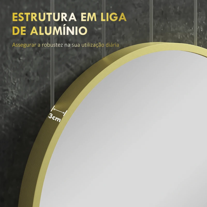 HOMCOM Espelho Casa de Banho Redondo Ø70 cm Espelho de Parede com Estrutura de Alumínio e Gancho para Sala Entrada Corredor Dourado