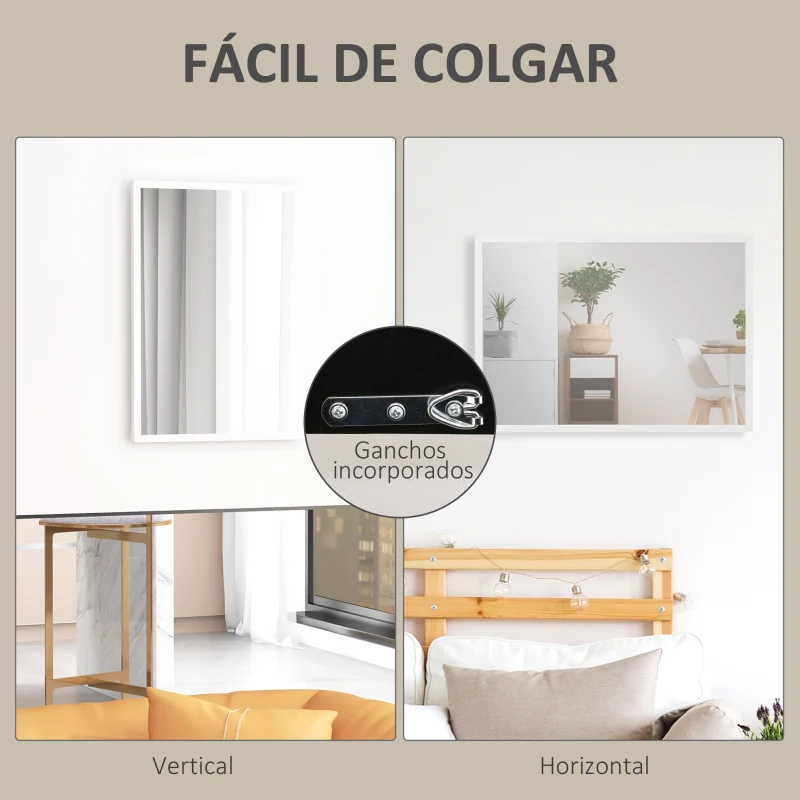 HOMCOM Espelho de Parede Decorativo 50x70 cm Espelho Retangular Espelho de Sala com 4 Ganchos Metálicos Estilo Moderno Branco